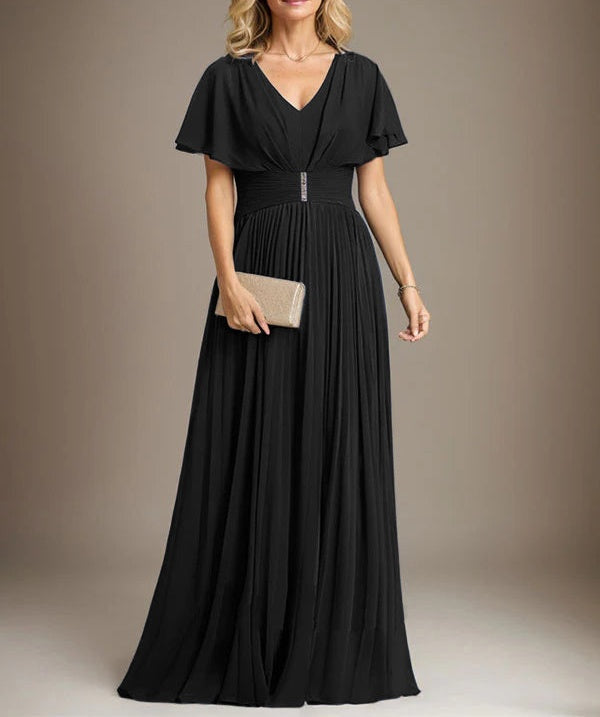 A-line V-Neck Floor-Length Chiffon Mother of the Bride Dress With Crystal Brooch Pleated