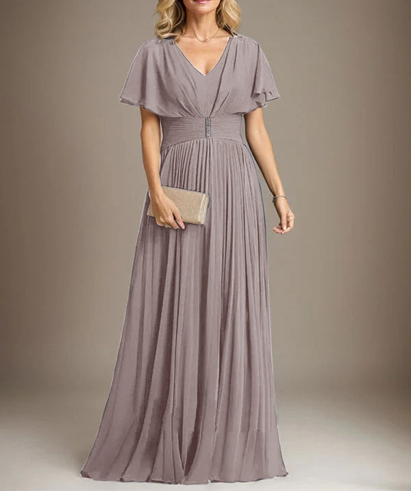 A-line V-Neck Floor-Length Chiffon Mother of the Bride Dress With Crystal Brooch Pleated