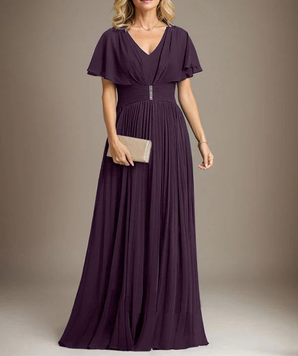 A-line V-Neck Floor-Length Chiffon Mother of the Bride Dress With Crystal Brooch Pleated