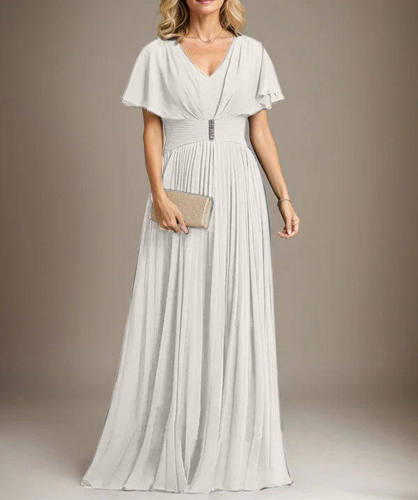 A-line V-Neck Floor-Length Chiffon Mother of the Bride Dress With Crystal Brooch Pleated