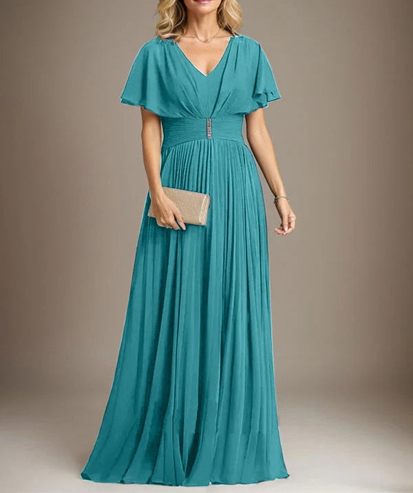 A-line V-Neck Floor-Length Chiffon Mother of the Bride Dress With Crystal Brooch Pleated