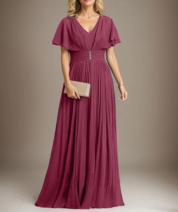 A-line V-Neck Floor-Length Chiffon Mother of the Bride Dress With Crystal Brooch Pleated