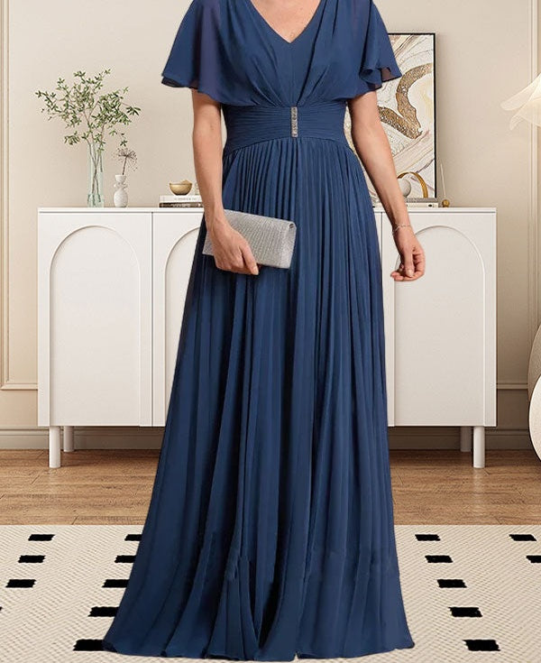 A-line V-Neck Floor-Length Chiffon Mother of the Bride Dress With Crystal Brooch Pleated