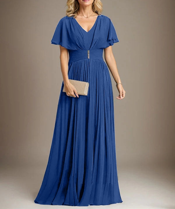 A-line V-Neck Floor-Length Chiffon Mother of the Bride Dress With Crystal Brooch Pleated