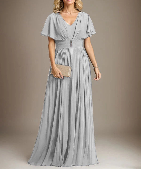A-line V-Neck Floor-Length Chiffon Mother of the Bride Dress With Crystal Brooch Pleated