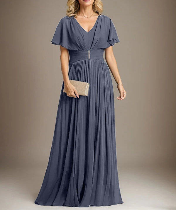 A-line V-Neck Floor-Length Chiffon Mother of the Bride Dress With Crystal Brooch Pleated