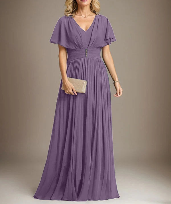 A-line V-Neck Floor-Length Chiffon Mother of the Bride Dress With Crystal Brooch Pleated