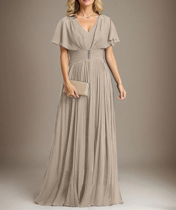 A-line V-Neck Floor-Length Chiffon Mother of the Bride Dress With Crystal Brooch Pleated