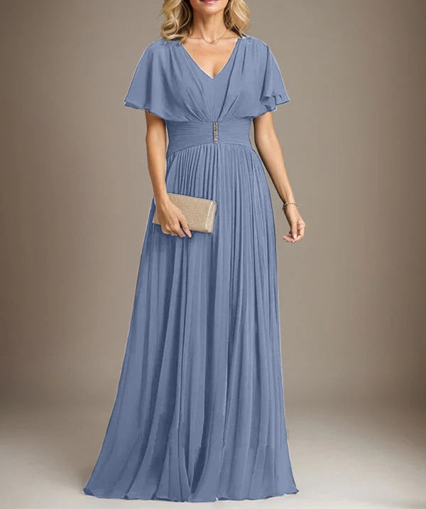 A-line V-Neck Floor-Length Chiffon Mother of the Bride Dress With Crystal Brooch Pleated