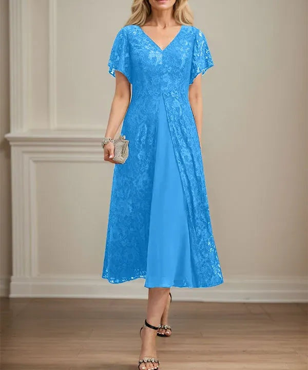 A-line V-Neck Tea-Length Lace Chiffon Mother of the Bride Dress