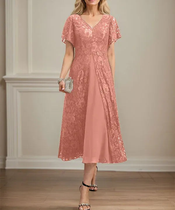 A-line V-Neck Tea-Length Lace Chiffon Mother of the Bride Dress