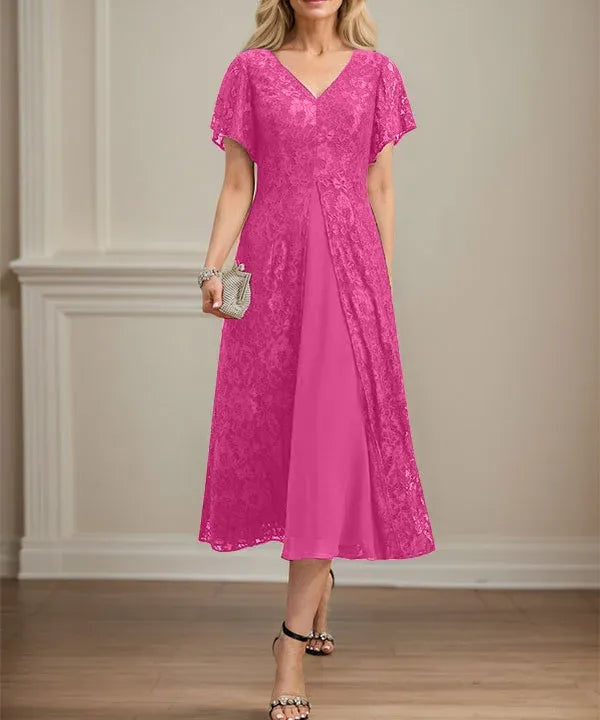 A-line V-Neck Tea-Length Lace Chiffon Mother of the Bride Dress