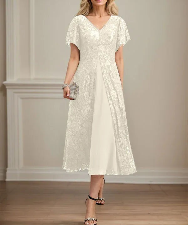 A-line V-Neck Tea-Length Lace Chiffon Mother of the Bride Dress