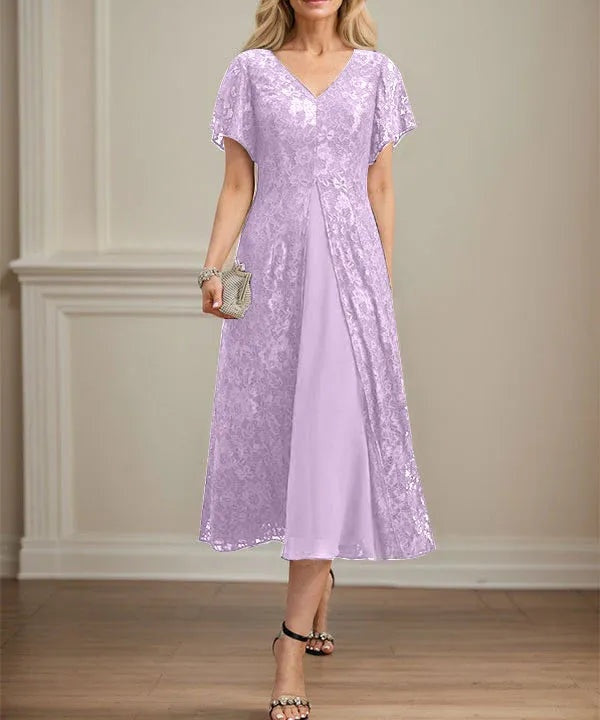 A-line V-Neck Tea-Length Lace Chiffon Mother of the Bride Dress