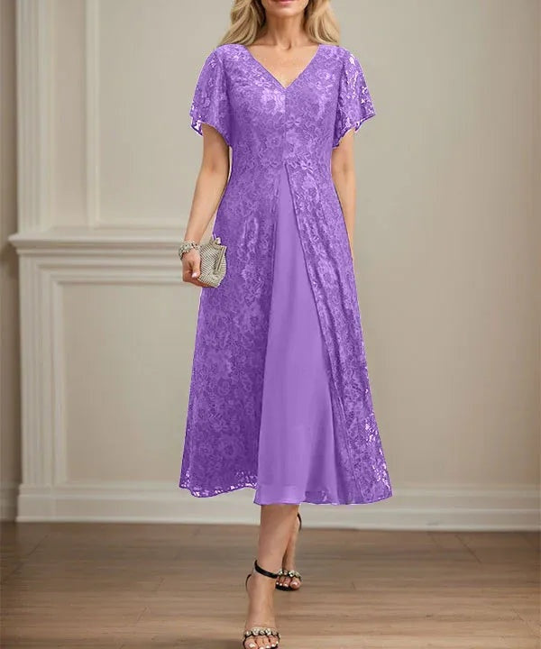 A-line V-Neck Tea-Length Lace Chiffon Mother of the Bride Dress