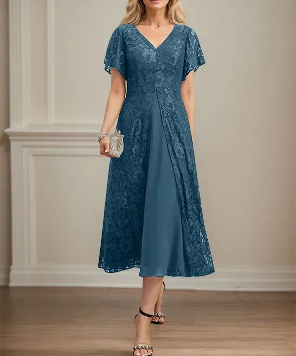 A-line V-Neck Tea-Length Lace Chiffon Mother of the Bride Dress