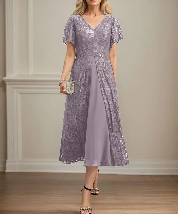 A-line V-Neck Tea-Length Lace Chiffon Mother of the Bride Dress