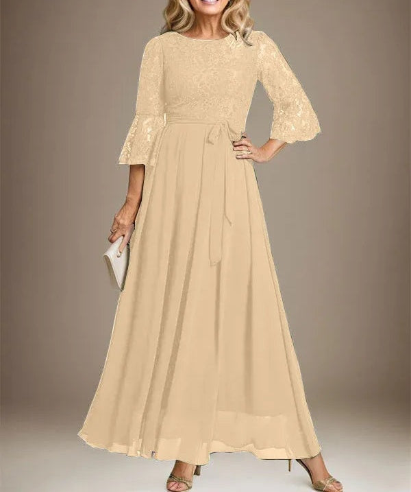 A-line Scoop Ankle-Length Lace Chiffon Mother of the Bride Dress With Bow
