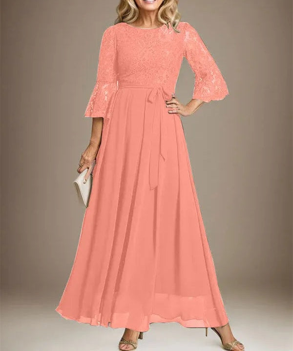 A-line Scoop Ankle-Length Lace Chiffon Mother of the Bride Dress With Bow