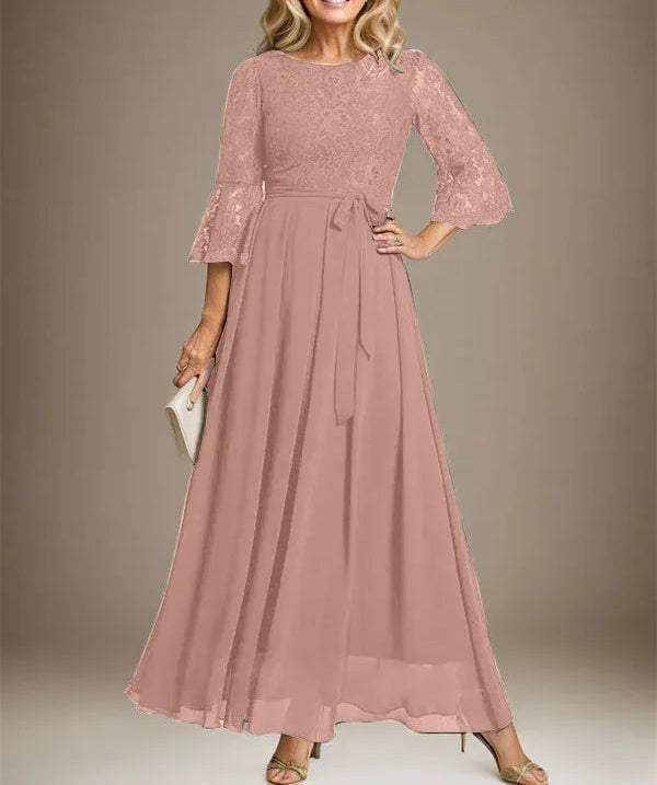 A-line Scoop Ankle-Length Lace Chiffon Mother of the Bride Dress With Bow