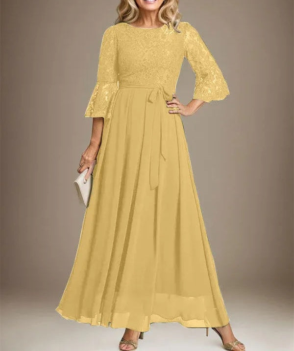 A-line Scoop Ankle-Length Lace Chiffon Mother of the Bride Dress With Bow