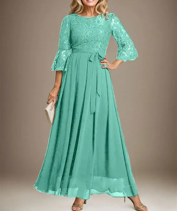 A-line Scoop Ankle-Length Lace Chiffon Mother of the Bride Dress With Bow