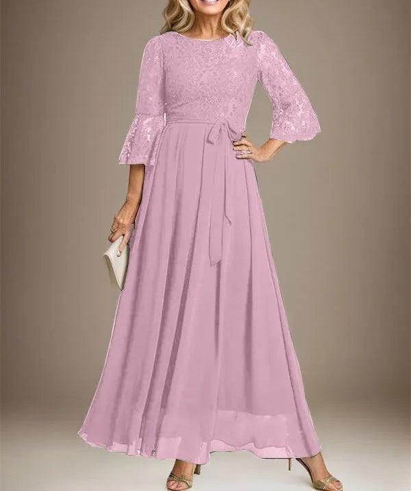 A-line Scoop Ankle-Length Lace Chiffon Mother of the Bride Dress With Bow