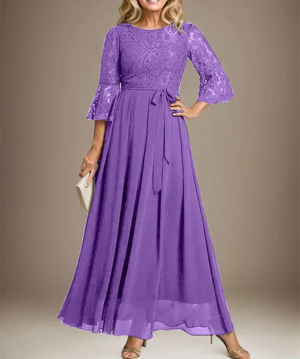 A-line Scoop Ankle-Length Lace Chiffon Mother of the Bride Dress With Bow
