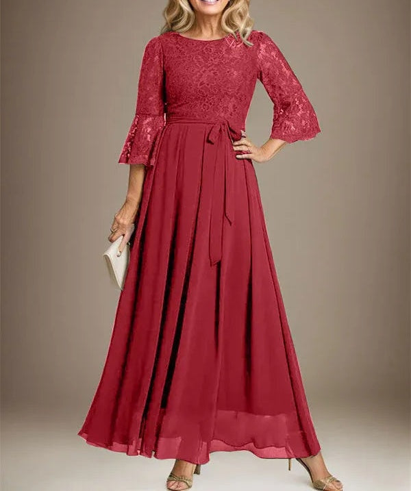 A-line Scoop Ankle-Length Lace Chiffon Mother of the Bride Dress With Bow