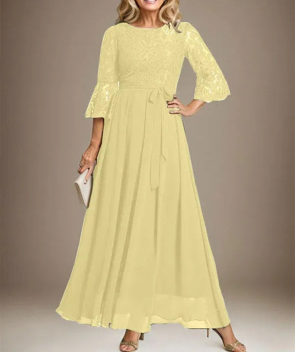 A-line Scoop Ankle-Length Lace Chiffon Mother of the Bride Dress With Bow