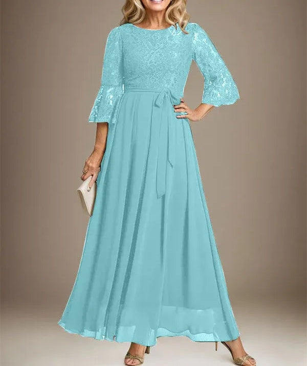 A-line Scoop Ankle-Length Lace Chiffon Mother of the Bride Dress With Bow