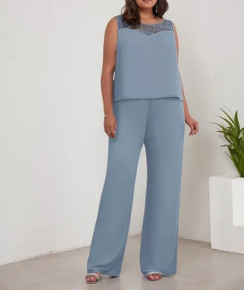 Chiffon Scoop Long Sleeves Mother Of The Bride Pantsuits With Jacket