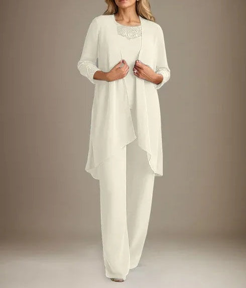 Chiffon Scoop Long Sleeves Mother Of The Bride Pantsuits With Jacket