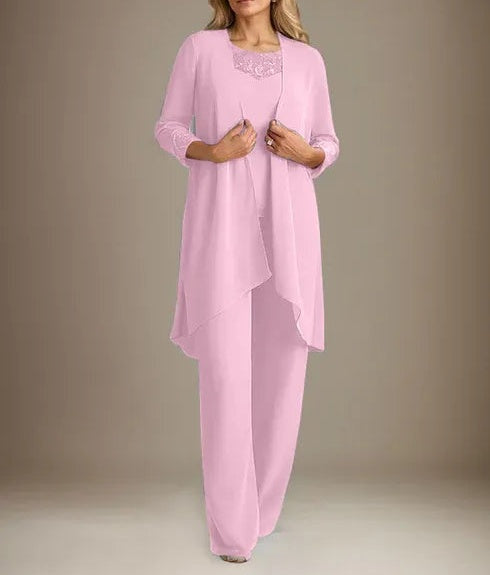 Chiffon Scoop Long Sleeves Mother Of The Bride Pantsuits With Jacket