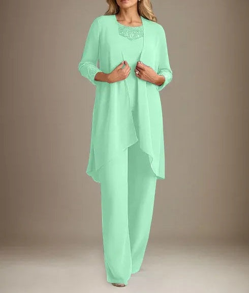 Chiffon Scoop Long Sleeves Mother Of The Bride Pantsuits With Jacket