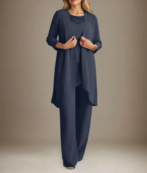 Chiffon Scoop Long Sleeves Mother Of The Bride Pantsuits With Jacket