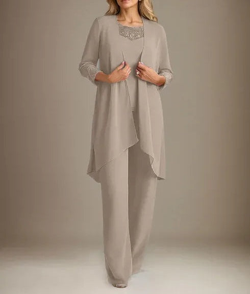Chiffon Scoop Long Sleeves Mother Of The Bride Pantsuits With Jacket