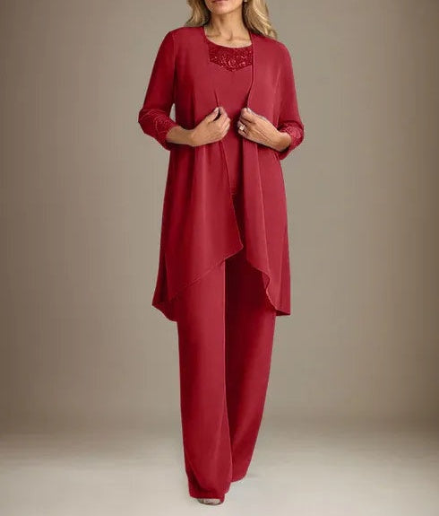 Chiffon Scoop Long Sleeves Mother Of The Bride Pantsuits With Jacket