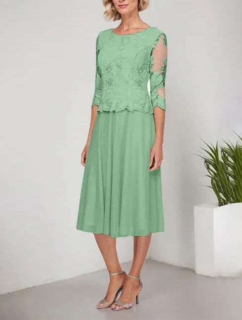 A-line Scoop Tea-Length Lace Chiffon Mother of the Bride Dress With Embroidery