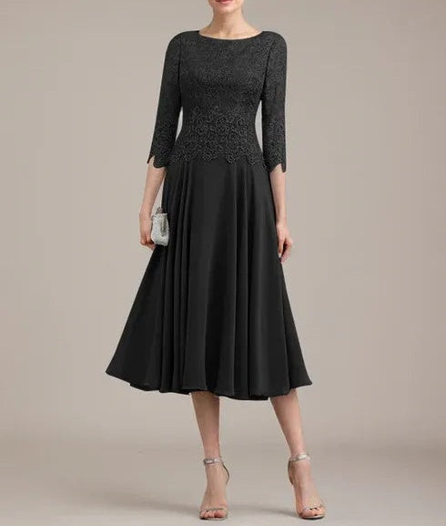 A-line Scoop Tea-Length Lace Chiffon Mother of the Bride Dress