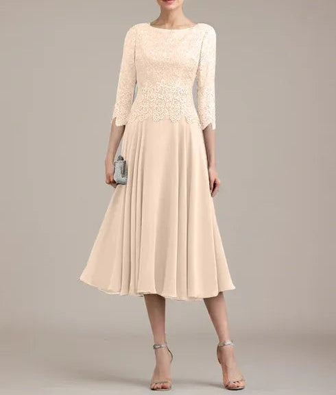 A-line Scoop Tea-Length Lace Chiffon Mother of the Bride Dress