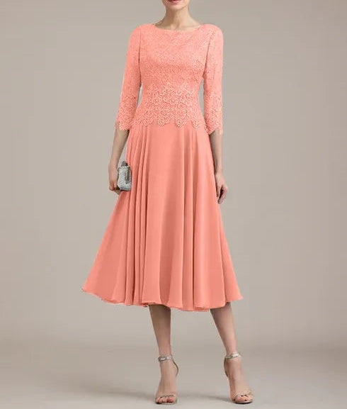 A-line Scoop Tea-Length Lace Chiffon Mother of the Bride Dress