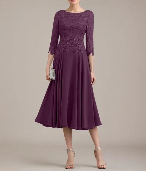 A-line Scoop Tea-Length Lace Chiffon Mother of the Bride Dress