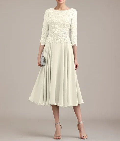 A-line Scoop Tea-Length Lace Chiffon Mother of the Bride Dress