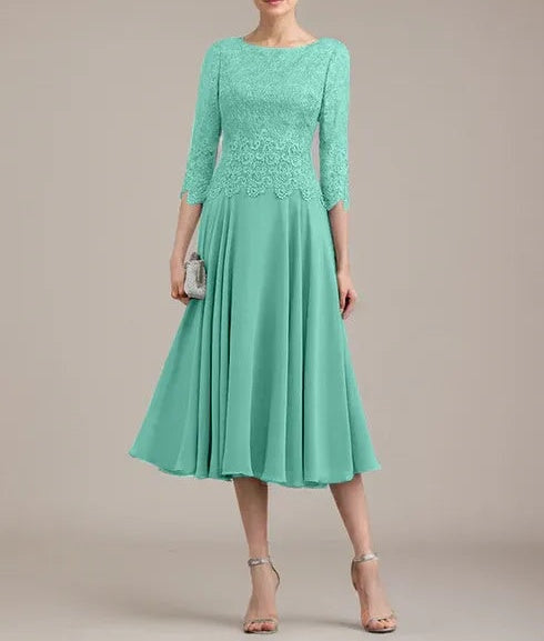 A-line Scoop Tea-Length Lace Chiffon Mother of the Bride Dress