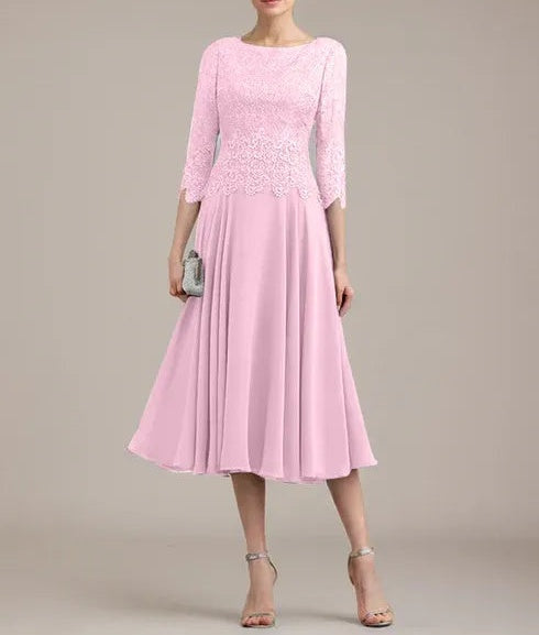A-line Scoop Tea-Length Lace Chiffon Mother of the Bride Dress