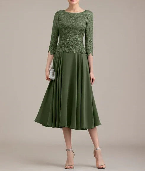 A-line Scoop Tea-Length Lace Chiffon Mother of the Bride Dress