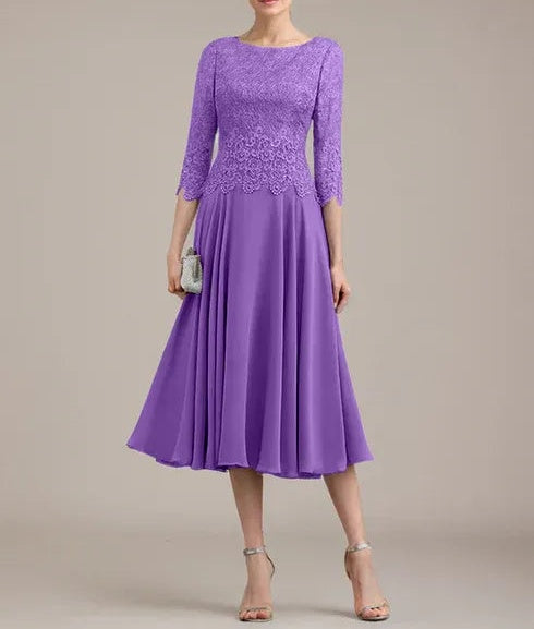 A-line Scoop Tea-Length Lace Chiffon Mother of the Bride Dress