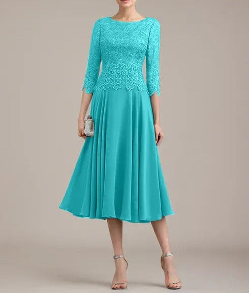 A-line Scoop Tea-Length Lace Chiffon Mother of the Bride Dress