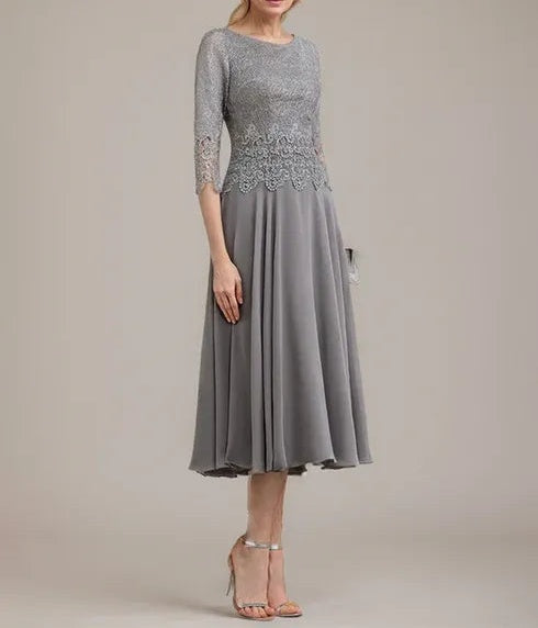A-line Scoop Tea-Length Lace Chiffon Mother of the Bride Dress